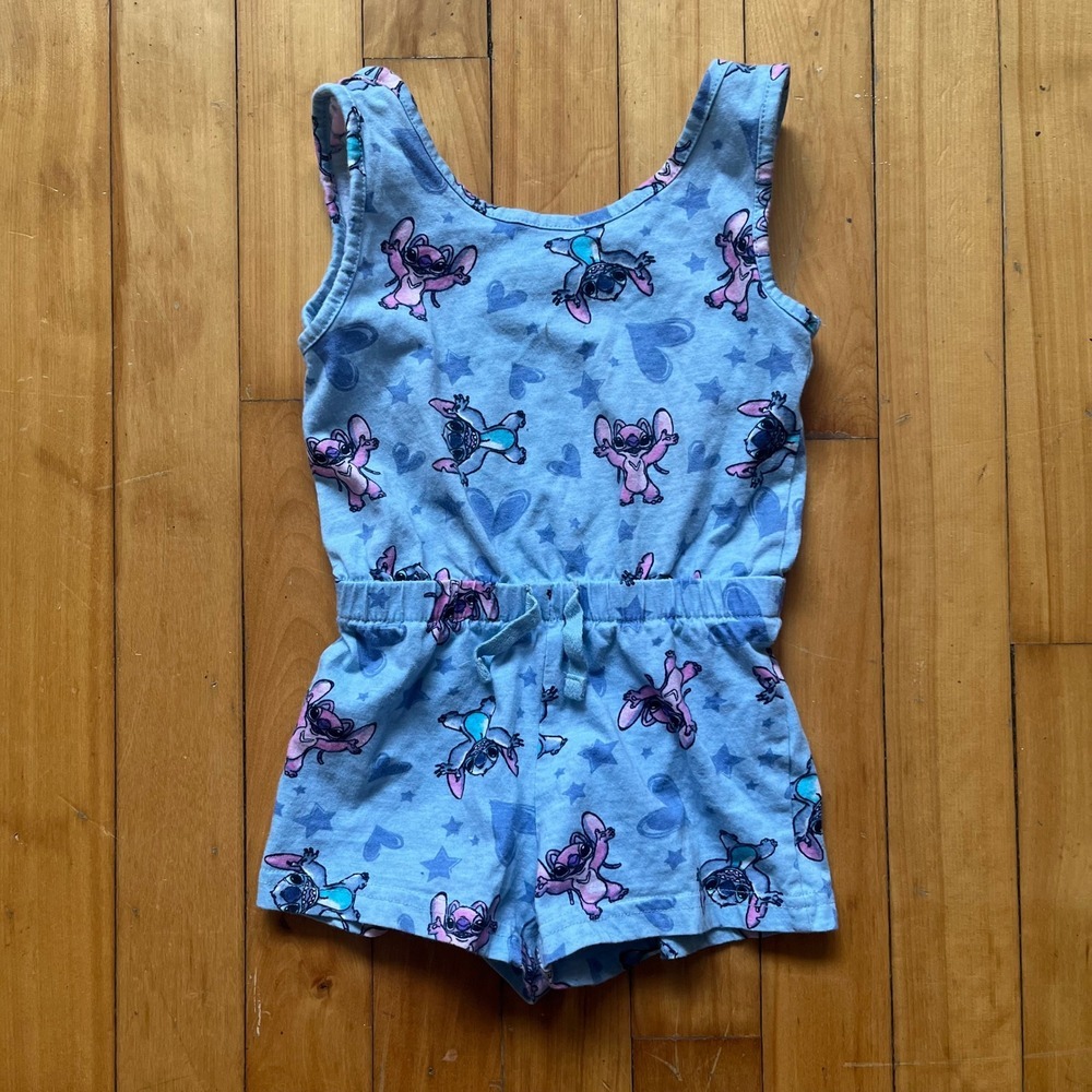 Disney Stitch Blue All Over Print Romper Girls Size 4 Tank Top Shorts Drawstring
